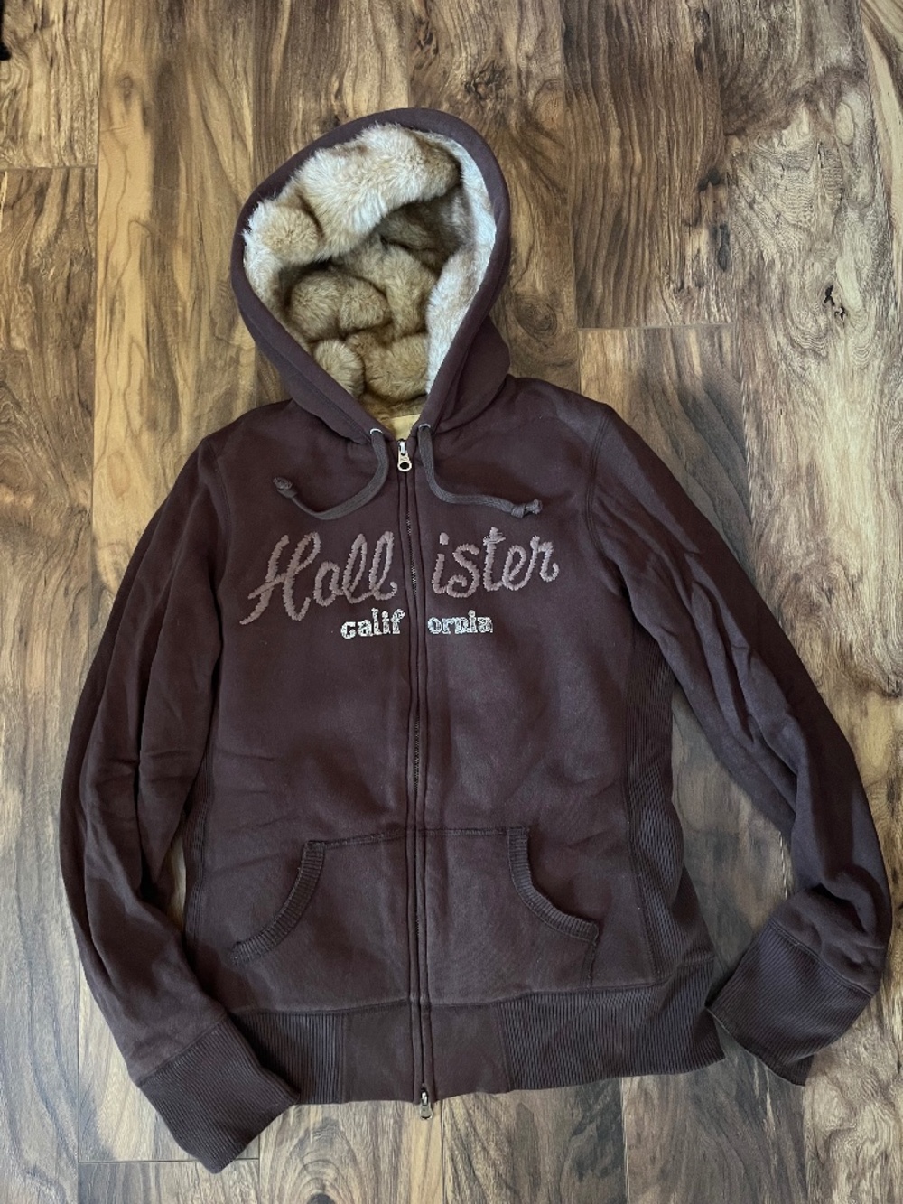 Vintage Hollister Faux Fur Lined Full Zip Hoodie Brown California Y2K Women’s